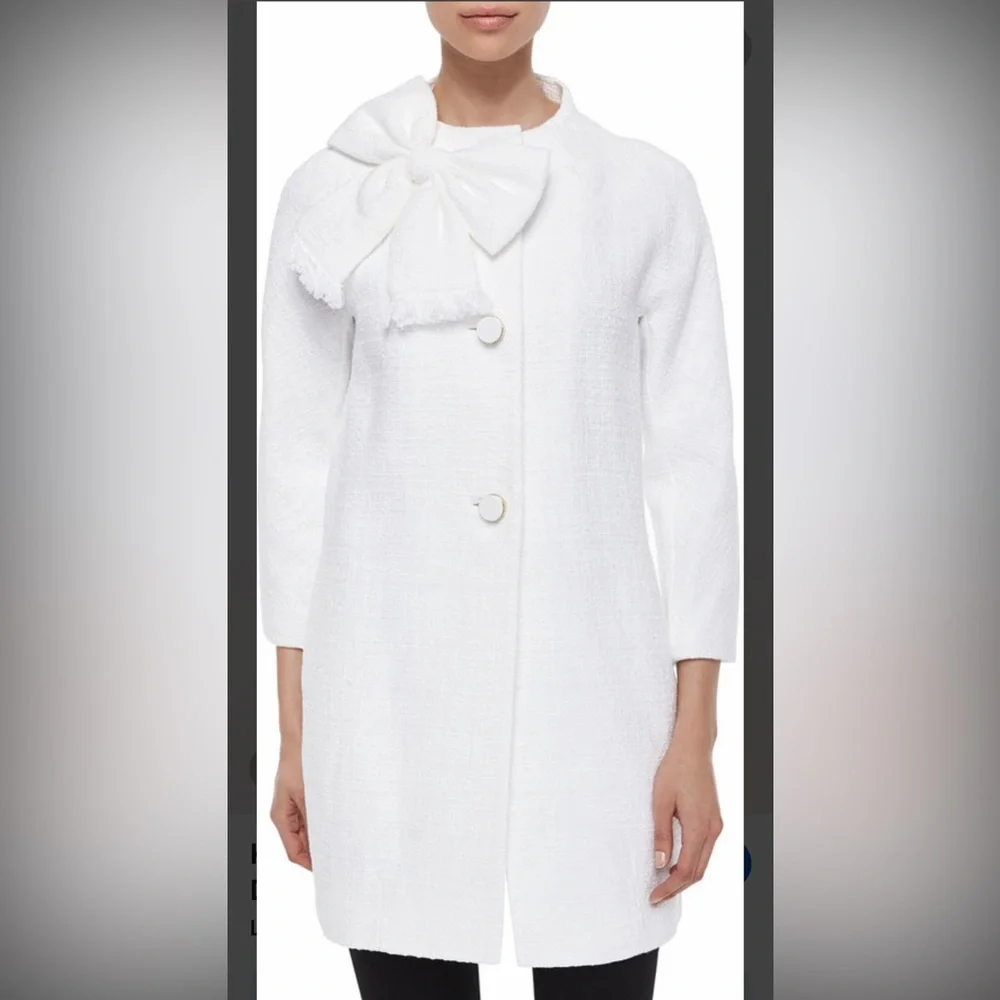 Kate Spade Dorothy Bow-front Tweed Bracelet-sleeve Coat  White Size 6 $548 USD